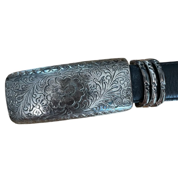 VTG Patricia Green Details Leather Belt Black Etched Buckle Medium Made IN USA - Picture 8 of 9